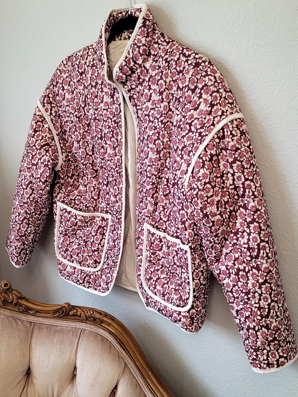 Quilted Floral Burgundy Jacket with Contrast Trim